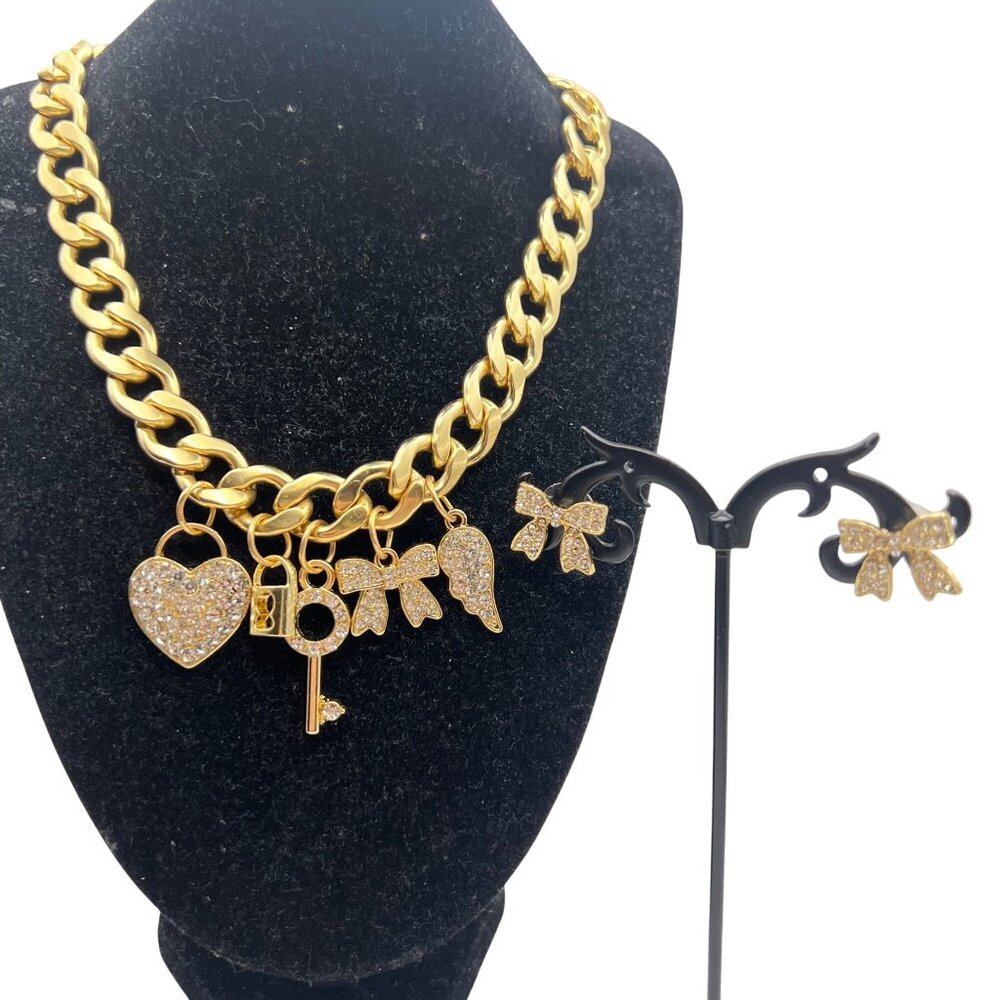 Gold Tone Curb Chain Charm Necklace Bow Earrings Set Rhinestone Heart Key Lock